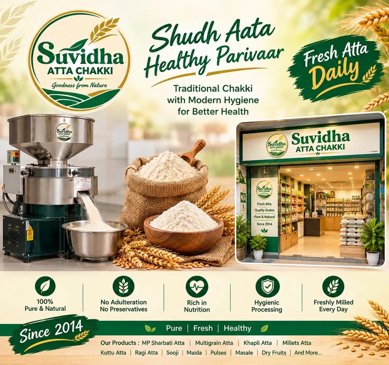 Suvidha Atta Chakki store, milling equipment and product range